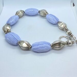 Chunky Blue Lace Agate w Silver Fluted Beads Sterling Toggle Clasp 19” Necklace